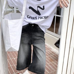 Retro washed short jeans wide leg high waist jeans for women