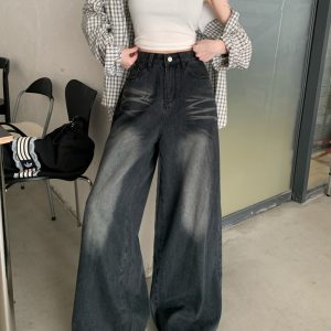 High waist loose jeans straight long pants for women