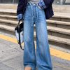 Drawstring fleece pants denim long pants for women