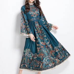 Spring and summer long national style lace printing dress
