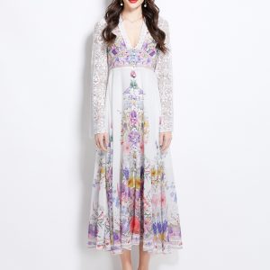 Printing lace V-neck spring and summer dress