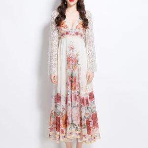 Splice trumpet sleeves printing lace vacation dress