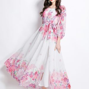 Flowers flat shoulder spring retro long dress