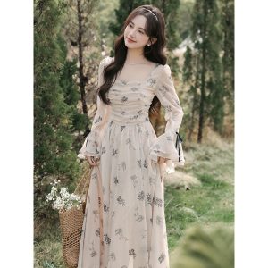Trumpet sleeves big skirt spring printing double ink dress