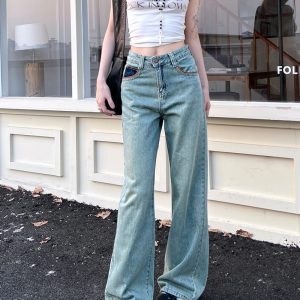 Washed high waist long pants straight wide leg pants for women