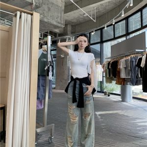 Wide leg retro long pants mopping holes jeans for women