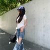 Holes wide leg lazy straight loose slim high waist jeans for women