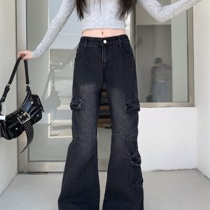 High waist speaker long pants black-gray pants for women