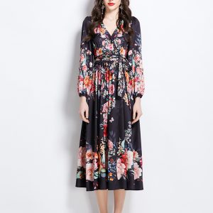Painting long flowers spring and summer pattern dress