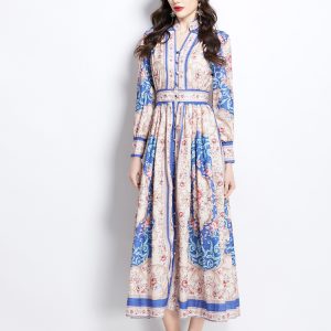 Court style printing dress classical long corset