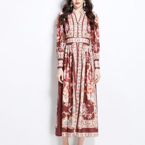 Court style printing dress long single-breasted corset