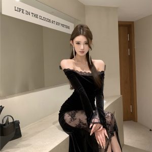 Long sleeve lace dress package hip long dress